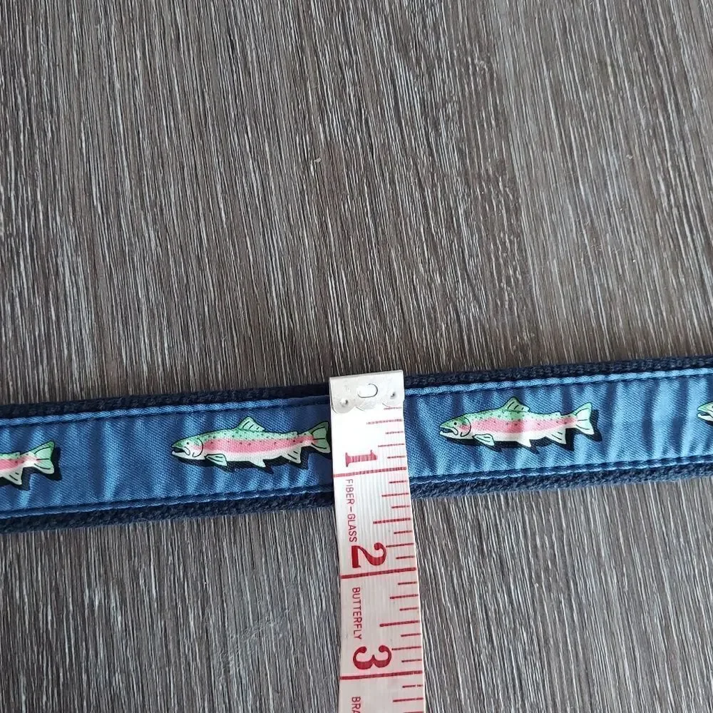 Vineyard Vines Rainbow Trout Ribbon Brass Leather Belt Brown Navy Size 28
